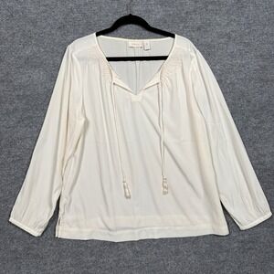 Chico's Size 3 US XL Tunic Top Blouse Cream Henley Sheer Tie Neck Long Sleeves